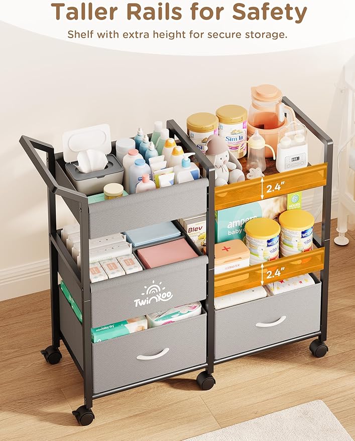 Baby Diaper Caddy Organizer, 3 Tier Rolling Storage Cart with Dividers and Drawers, Bedside Utility Cart for Nursery Essentials, Large Capacity Mobile Storage Cart for Crib, Bedroom