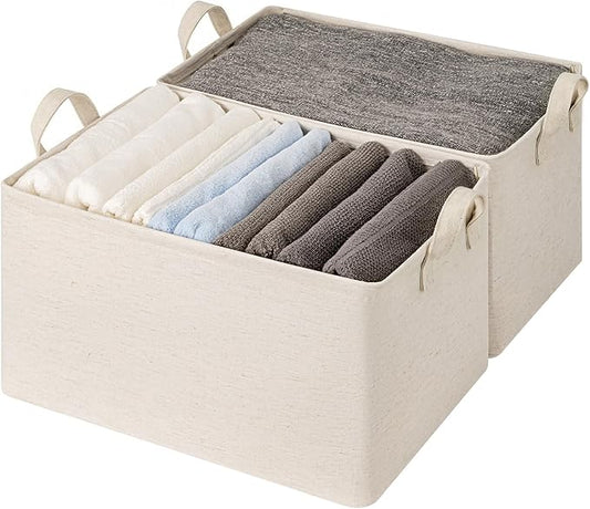 StorageWorks Storage Bins, Shelves Baskets for Organizing, 45L Extra Large Fabric Closet Organizers with Handles, Metal Frame, Beige?Cotton-linen?, 2-Pack