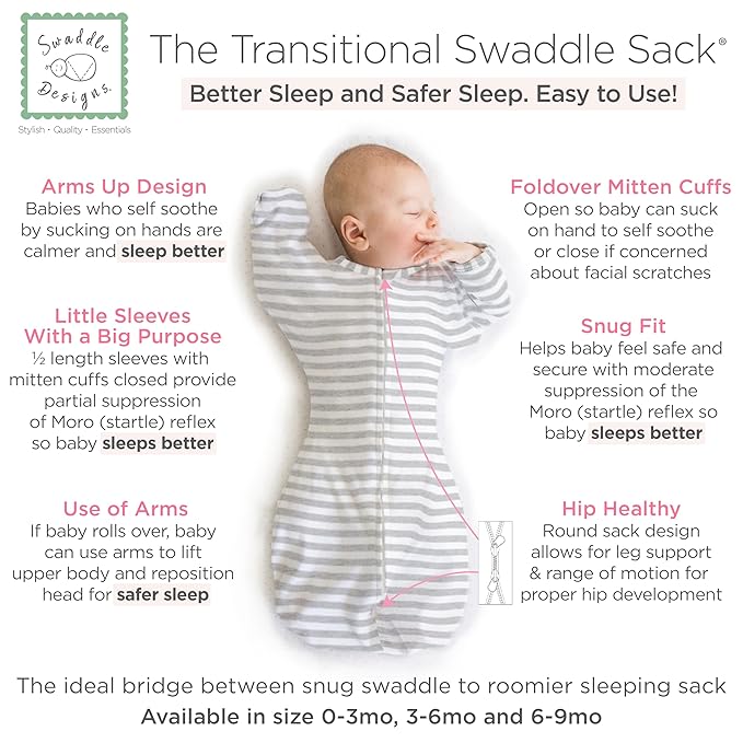 SwaddleDesigns Transitional Swaddle Sack, Arms Up Half-Length Sleeves & Mitten Cuffs, Swaddle for Newborn Transition to Baby Sleep Sack Wearable Blanket, 0-3 Month, 6-14 lb, Heathered Gray Stripes
