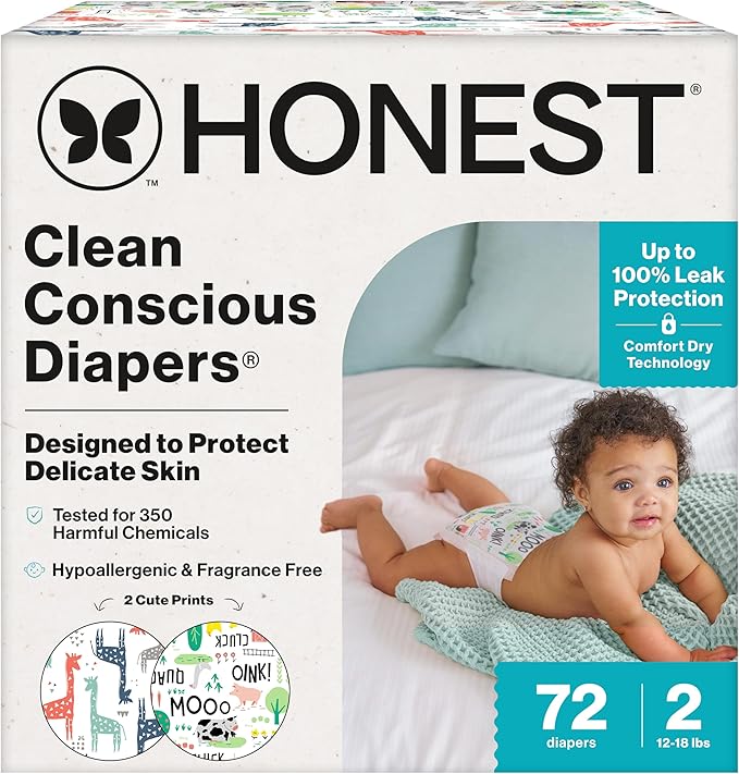 The Honest Company Comfort Dry Disposable Diapers for Sensitive Skin, Hypoallergenic, Fragrance-Free, Multi-Colored Giraffes + Barnyard Babies, Club Box, Size 2 (12-18 lbs), 72 Count