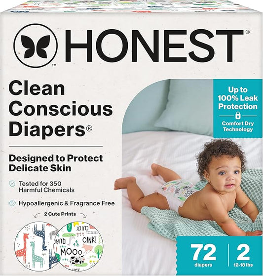 The Honest Company Comfort Dry Disposable Diapers for Sensitive Skin, Hypoallergenic, Fragrance-Free, Multi-Colored Giraffes + Barnyard Babies, Club Box, Size 2 (12-18 lbs), 72 Count