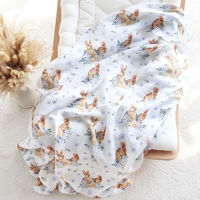 LifeTree Baby Swaddle Blankets, Muslin Swaddle Blankets Boys Girls Swaddling Wrap Receiving Blanket, 70% Viscose from Bamboo and 30% Cotton, Large 47" x 47", Floral and Rabbit Pattern