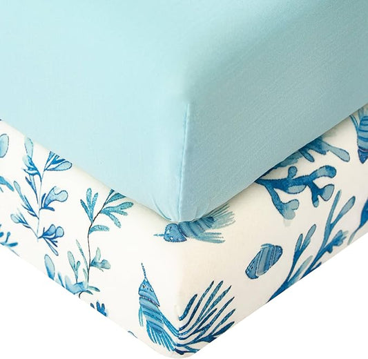 SDIII Ocean Pack N Play Sheets Fitted 2 Pack Stretchy Microfiber Jersey Knit Blue Mini Crib Sheets for Mattress 38x26 Soft Toddler Playard Bedding