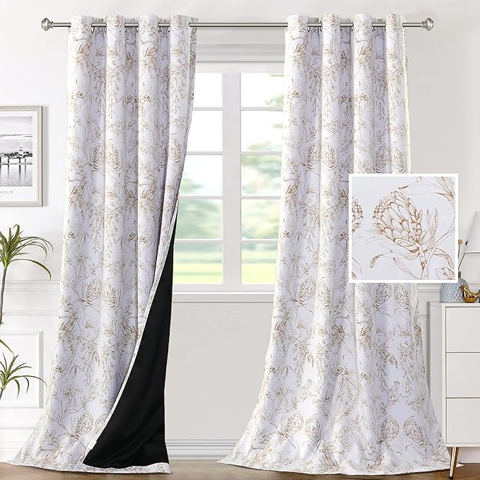 H.VERSAILTEX 100% Blackout Curtains for Living Room Camellia Floral Blackout Curtains 108 Inches Long Light Blocking Window Treatment Curtains with Black Liner Grommet Thermal Drapes, 2 Panels, Taupe