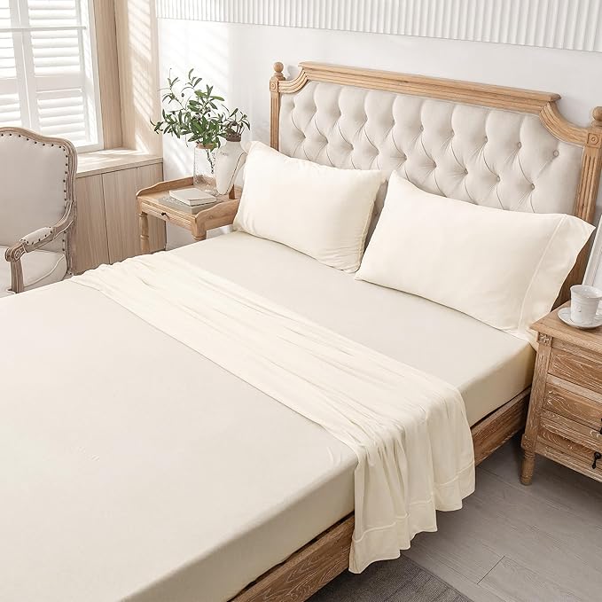 PURE ERA Jersey Knit 3pc Bed Sheet Set 100% T-Shirt Cotton Super Soft Comfy Breathable Fits Mattress Up to 20" Extra Deep Pocket (Solid Creamy White, Twin)