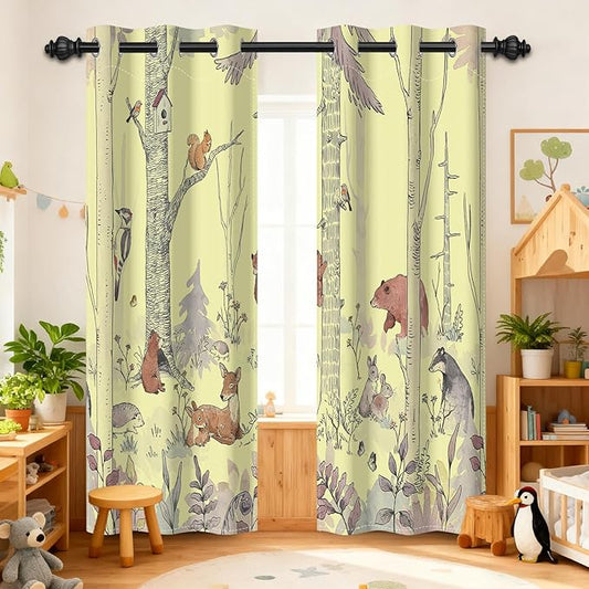 Kids Blackout Curtains for Nursery, Boy's Woodland Animal Print Curtains for Bedroom, Cartoon Room Darkening Window Drapes 2 Panels Set, Yellow, 42W x 84L