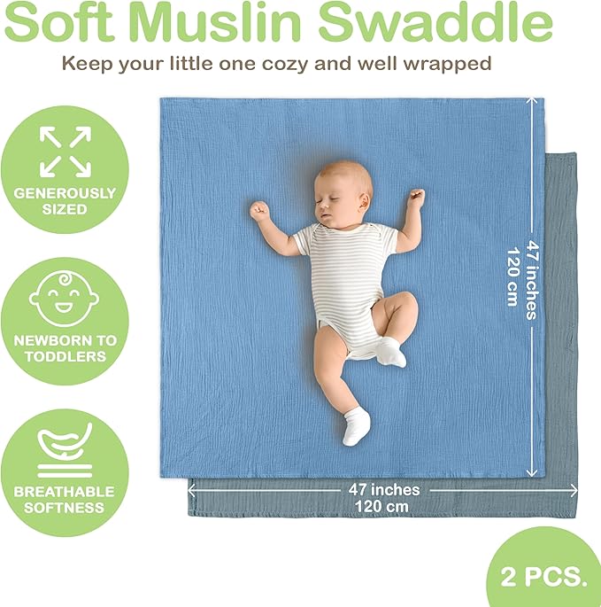 100% Organic Cotton Muslin Baby Blanket - 47 x 47 Inch Breathable Muslin Swaddle Blanket, Hypoallergenic Double-Layer, Soft and Cozy Blankets for Sleeping & Everyday Use (Slate/Aquarius)