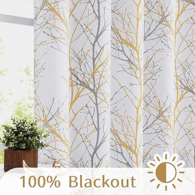 FMFUNCTEX 100% Blackout Curtains for Living Room, Yellow White Tree Curtains 108 Inches Long for Bedroom, Extra Long Farmhouse Window Curtain Panels, Room Darkening Drapes Grommet Top 2 Panels