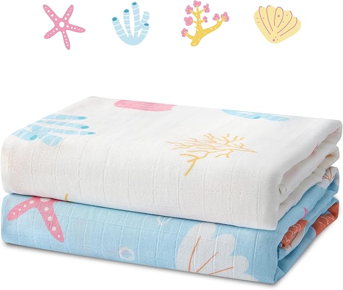 2-Pack Seashell Print Baby Swaddle Blankets, Soft & Breathable Muslin Swaddle for Newborns, 47 x 47 Inches, Unisex