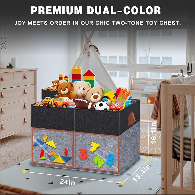 2 Pack Large Toy Storage Box with Clear Lids Collapsible Toy Organizer Chest with Adjustable Dividers Kids Storage Bin Basket for Boys Girls Living Room Nursery Playroom Closet Black and Grey