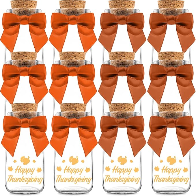 Ethisa Small 12 Pack Thanksgiving Glass Jars with Ribbons and Stickers - Candy Party Favors for Adults - Thanksgiving Party Favors and Table Centerpieces Decorations - Sturdy Decor Treat Jars