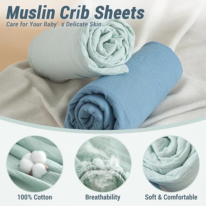 Heavyweight Muslin Baby Crib Sheets - 2PCS 52"x28" Neutral Fitted Crib Sheets for Boys Girls, Breathable Soft 100% Organic Cotton Standard Baby Mattress Sheet (Blue, Light Green)