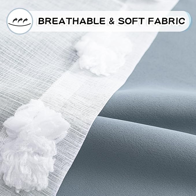 MYSKY HOME Room Darkening Curtains White Sheer Pom Pom Curtains for Living Room Dusty Blue Blackout Curtains for Sliding Door Decor Drapes 2 Layer Window Panels Boys Bedroom Grommet 2 Sets W52 X L95