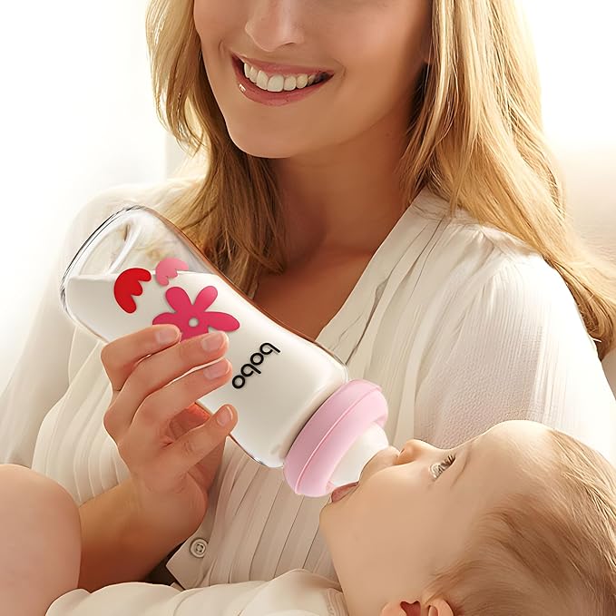 YOHKOH Natural Glass Baby Bottle with Level 2 Medium Flow Nipple, Newborn Anti-Colic Baby Bottles, Wide Neck Mushroom Baby Glass Bottle (Red, (8.8oz (Pack of 4))