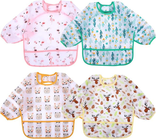 Accmor 4 Pack Long Sleeve Bibs, Baby Smock Waterproof Sleeved Bib Smock for Baby Toddler 6-36 Months