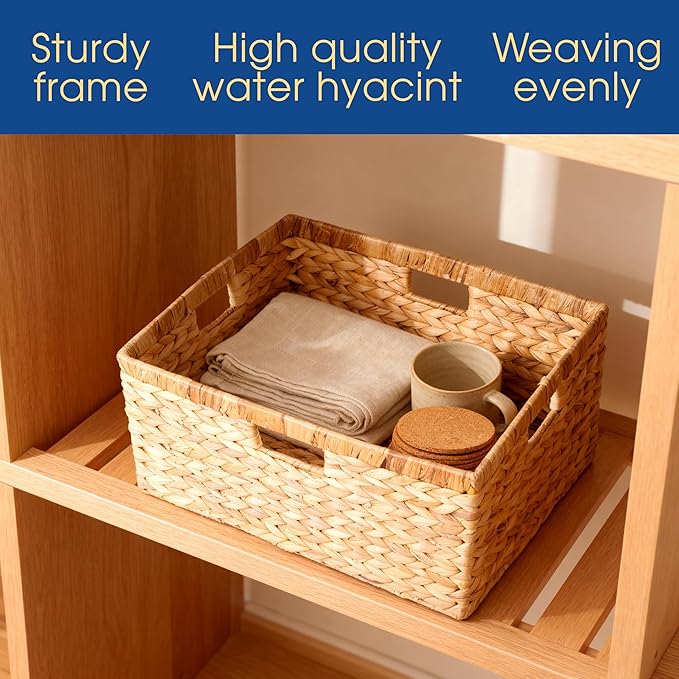 Large 17"x16"x9" (Set of 3) Water Hyacinth Woven Storage Basket – Handmade Natural Wicker Baskets Organizer Bin with Handles for Closet, Shelves, Laundry & Living Room (Natural (3 Pack))