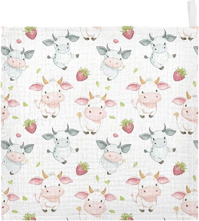 vvfelixl Baby Muslin Washcloths Cow Pink Cartoon Strawberry Baby Burp Cloths Cotton Babys Face Towel for Newborn Infants Boys Girls Soft and Absorbent 11.8 X 11.8 in, 3 Pack
