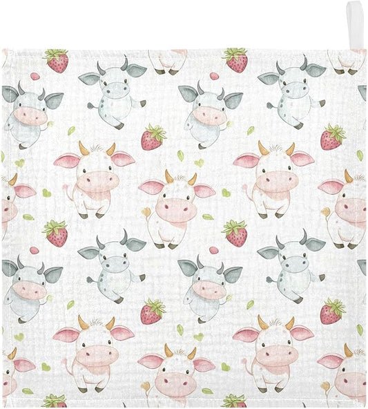 vvfelixl Cow Pink Cartoon Strawberry Baby Burp Cloths Baby Muslin Washcloths for Boys Girls Cotton Babys Face Towel for Newborn Infants Soft and Absorbent 11.8 X 11.8 in, 5 Pack