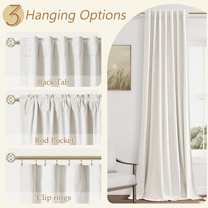 Guken 100% Blackout Curtains 84 Inch Length 2 Panels Set for Living Room Bedroom Back Tab Thermal Insulated Black Out Linen Drapes Room Darkening Window Curtains 84 Inches Long,Beige White