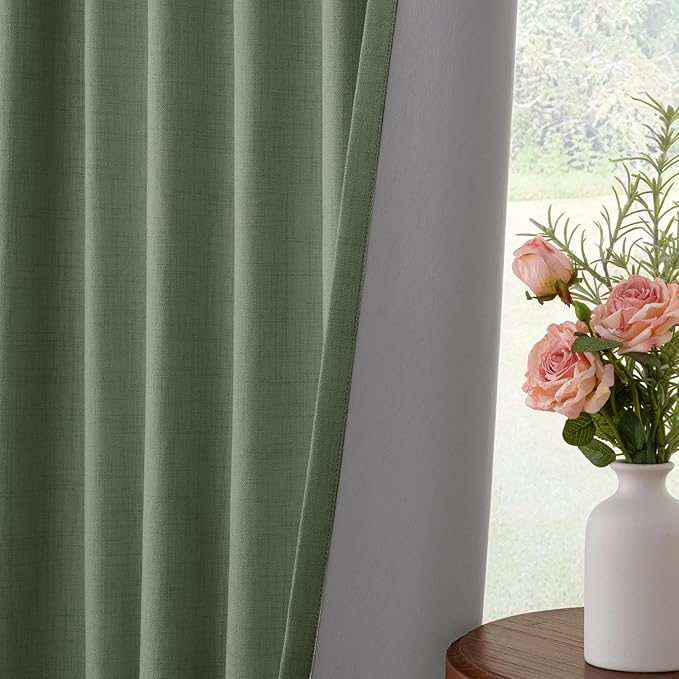 INOVADAY 100% Blackout Curtains for Bedroom, Black Out Curtains 63 Inch Long, Clip Rings Linen Blackout Drapes, Thermal Insulated Room Darkening for Living Room, 2 Panels - Moss Green,W50xL63