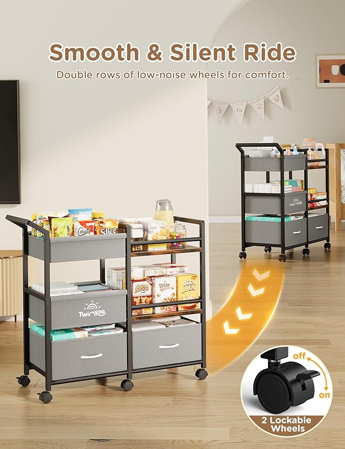 Baby Diaper Caddy Organizer, 3 Tier Rolling Storage Cart with Dividers and Drawers, Bedside Utility Cart for Nursery Essentials, Large Capacity Mobile Storage Cart for Crib, Bedroom