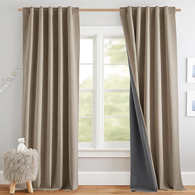 NICETOWN 100% Blackout Linen Curtains 84 inches Long 2 Panels, Thermal Insulated Curtains with Liners for Bedroom, Farmhouse Style Privacy Window Draperies for Living Room, Burlap, W42 per Panel