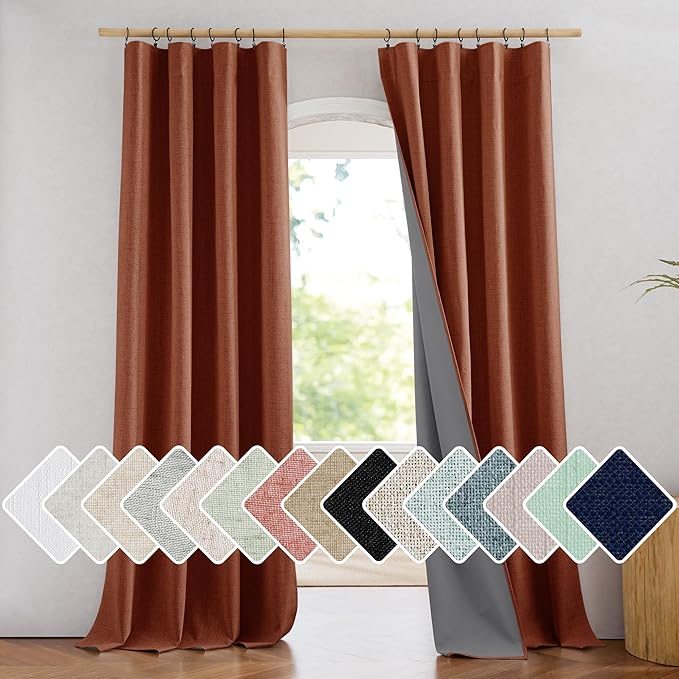 NICETOWN 100% Blackout Farmhouse Curtains 95" Length with Thermal Insulated Liners, Privacy Window Treatments Fall Home Decoration, Drapes for Cottage Living Room (2 Panels, 52" W, Burnt Orange)