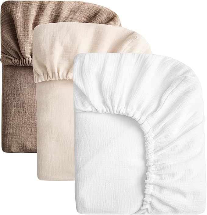 SOULFUL Muslin Crib Sheets for Boys Girls, 3 Pack Soft and Breathable Cotton Fitted Crib Sheets for Standard Crib Mattress (28"x 52", White & Beige & Brown)