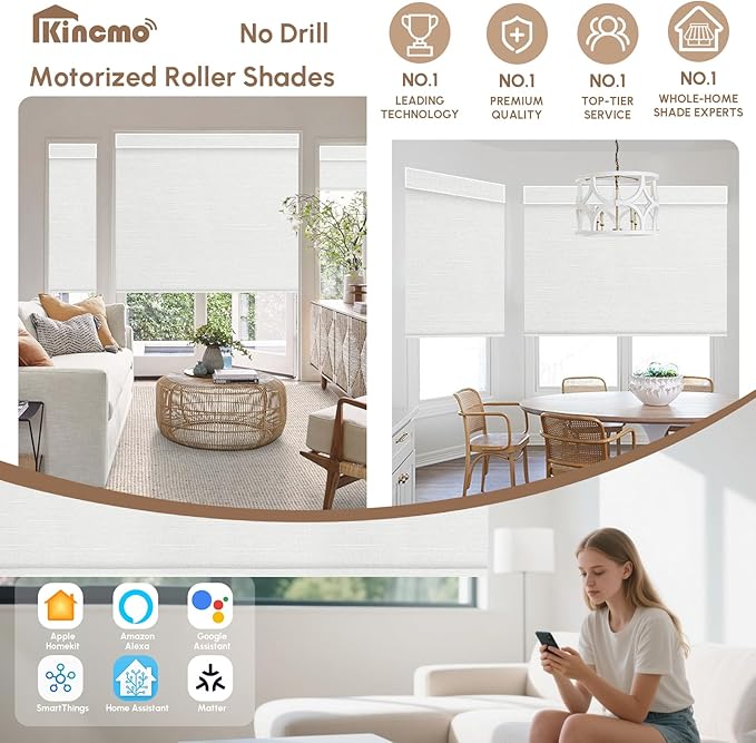 Kincmo No Drill Motorized Blinds with Remote, 100% Blackout Roller Shades for Windows, Custom Electric Blinds Compatible with Alexa, Apple Homekit, Google Home (100% Blackout Dreamy White)