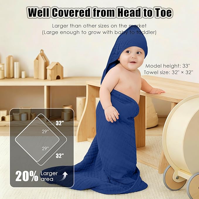 Sunny zzzZZ Muslin Hooded Baby Bath Towels - 3 Pack 100% Cotton Soft Low-Saturation Pastel Towels Including Classic White for Newborns, Infants, Toddlers - 32x32 Inch - Deep Navy and White