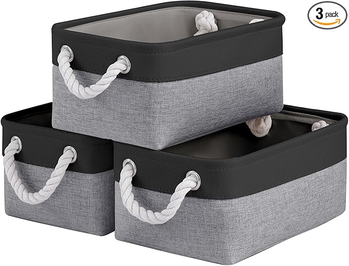 Storage Baskets for Shelves 11.8x7.9x5.2 Inch, Foldable Fabric Storage Bins with Handles, Small Storage Baskets for Organizing Closet, Office, Home Organization (3-Pack, Black&Gray)