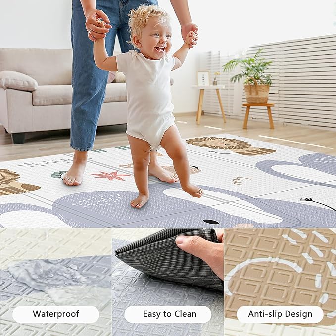 Foldable Foam Baby Play Mat for Floor, Babies Activity Tummy Time Playmat, Kids Non Toxic Foam Thick Play Mat for Baby, Toddlers, Waterproof & Anti-Slip Crawling Mats, Elephant,71x59