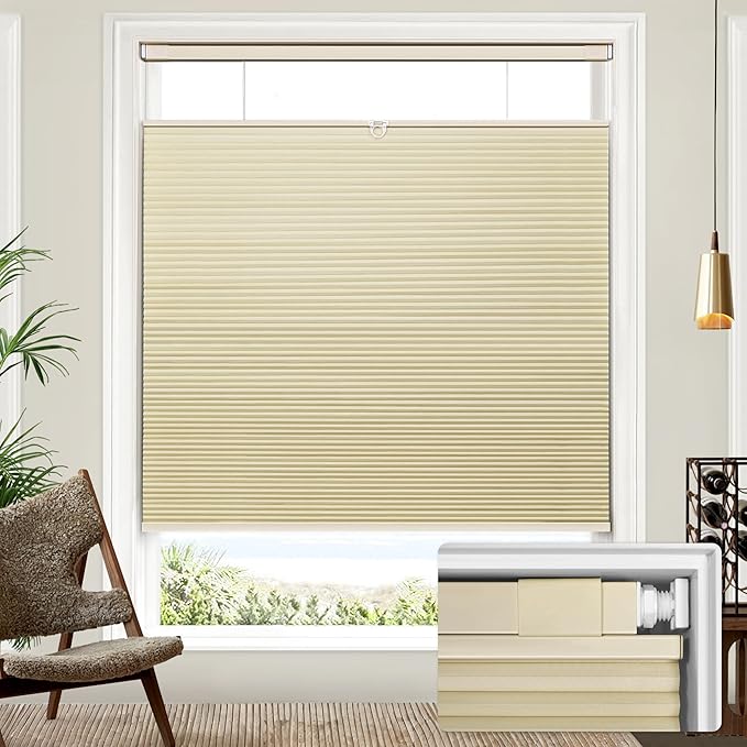 Lazblinds Upgraded Top Down Bottom Up (TDBU) Honeycomb Blinds, No Drill No Tools Easy Install Cordless Cellular Shades for Windows 37" W x 64" H, Beige - Blackout