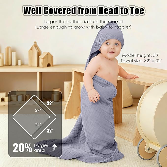 Sunny zzzZZ Muslin Hooded Baby Bath Towels - 3 Pack 100% Cotton Soft Low-Saturation Pastel Towels Including Classic White for Newborns, Infants, Toddlers - 32x32 Inch - Green, Grey and White