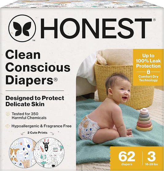 The Honest Company Comfort Dry Disposable Diapers for Sensitive Skin, Hypoallergenic, Fragrance-Free, Space Travel + It's a Pawty, Club Box, Size 3 (16-28 lbs), 62 Count