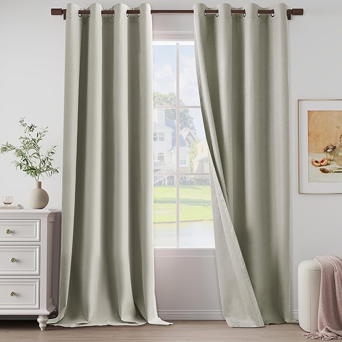 Extra Lenght 100% Blackout Linen Textured Curtains 120 Inch Length 2 Panels Set for Living Room, Bedroom, Full Blackout Curtains with Grommets Top, Natural Linen, 52" W x 120" L, 2 Panels