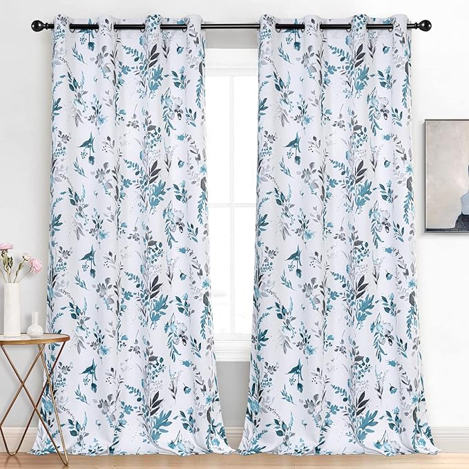MYSKY HOME Living Room Floral Curtains 2 Panel Sets for Dining Room - Farmhouse Darkening Thermal Insulated Window Treatment Grommet Drapes, 108 Inch Long, Turquoise