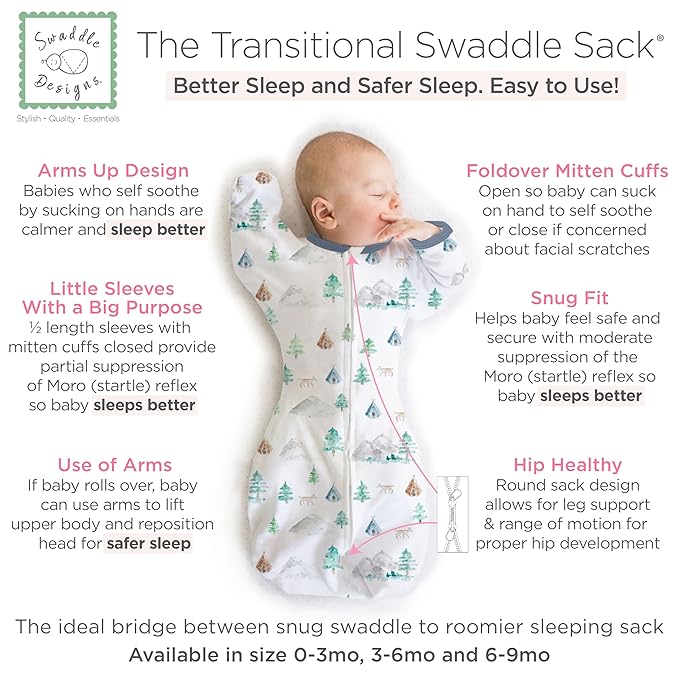 SwaddleDesigns Transitional Swaddle Sack, Arms Up Half-Length Sleeves & Mitten Cuffs, Swaddle for Newborn Transition to Baby Sleep Sack Wearable Blanket, 0-3 mo, 6-14 lb, Watercolor Mountains & Trees