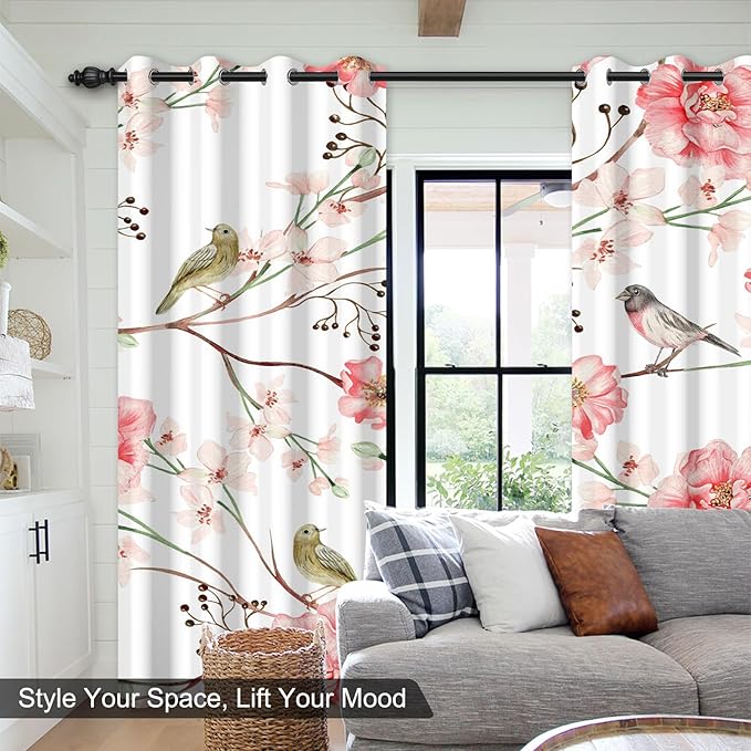 Blackout Curtains for Bedroom 84 Inches Long, Birds and Pink Floral Soundproof Blackout Curtains for Girls Room, Light Filtering Thermal Insulated Black Out Grommet Drapes 84 Inch Length 2 Panels Set