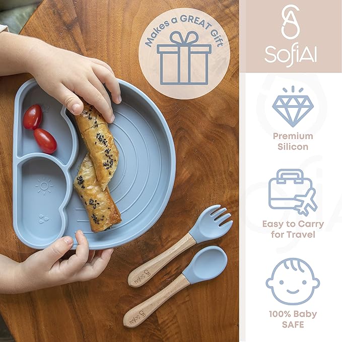SofiAl All In One Silicone Feeding Set - Safe for 6-12 Months - Non-Toxic Baby Led Weaning Supplies - Toddler Self Feeding Utensils - BPA-Free - Mess Free Essentials