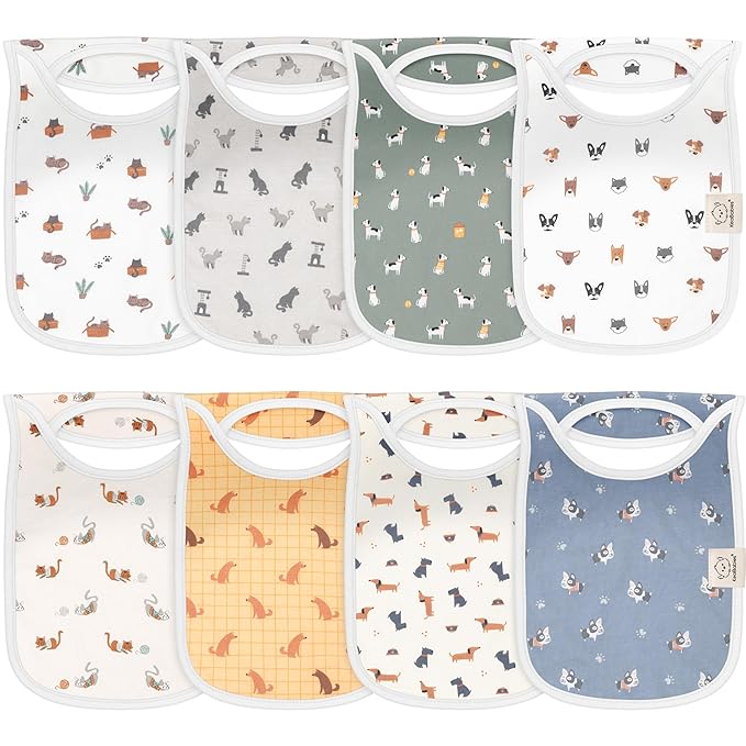 8-Pack Baby Bibs for Boys, Girls - Pullover Bibs for Drooling Teething Baby Girl & Boy Toddler, Newborn, Soft & Absorbent, Cute Colors, Large Torso Coverage Keep Infant Clean & Dry (Pets & Paws)