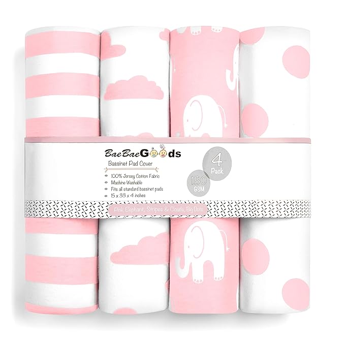 Bassinet Bed Sheets – Premium Bassinet Fitted Sheet for Halo, Mika Micky, Maxi COSI & Others - 4 Pack - 100% Jersey Knit - Bassinet Bedding for Standard Size Oval or Halo Bassinet Pads for Girls