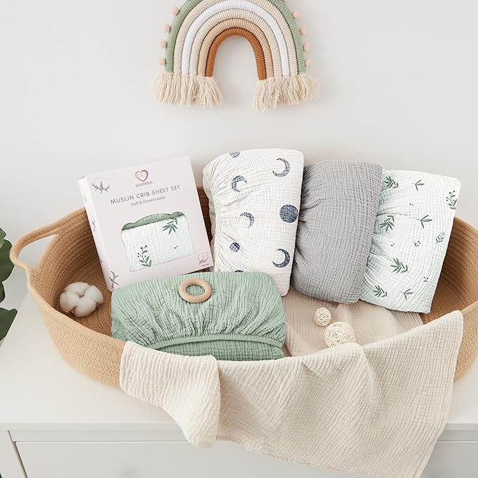 Bearmoss Muslin Crib Sheets - 100% Cotton Baby Crib Sheets Fitted for Standard Crib Mattress & Toddler Bed Mattress 52"x28" Soft Breathable Crib Sheet Neutral for Boys Girls - 2 Pack (Bamboo)