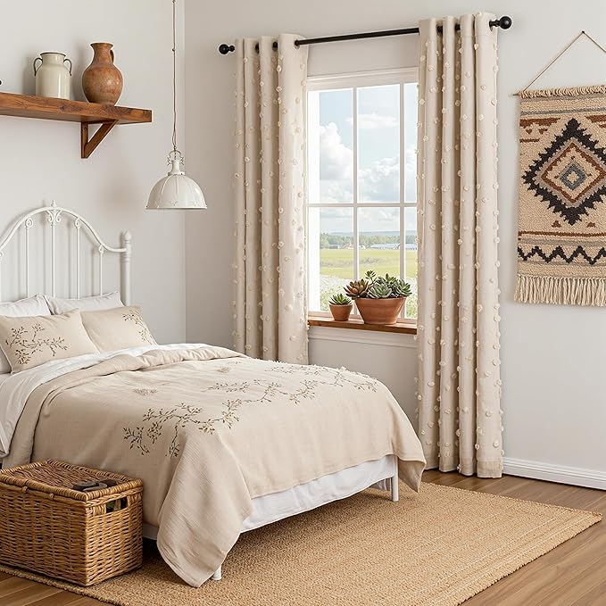 MYSKY HOME Beige Pom Pom Blackout Curtains for Girls Bedroom 63 Inch Long 100% Room Darkening Curtain for Kids Room 2 Panels Small Window Treatment Grommet 2 Layered Drapes Toddler 52W x 63L