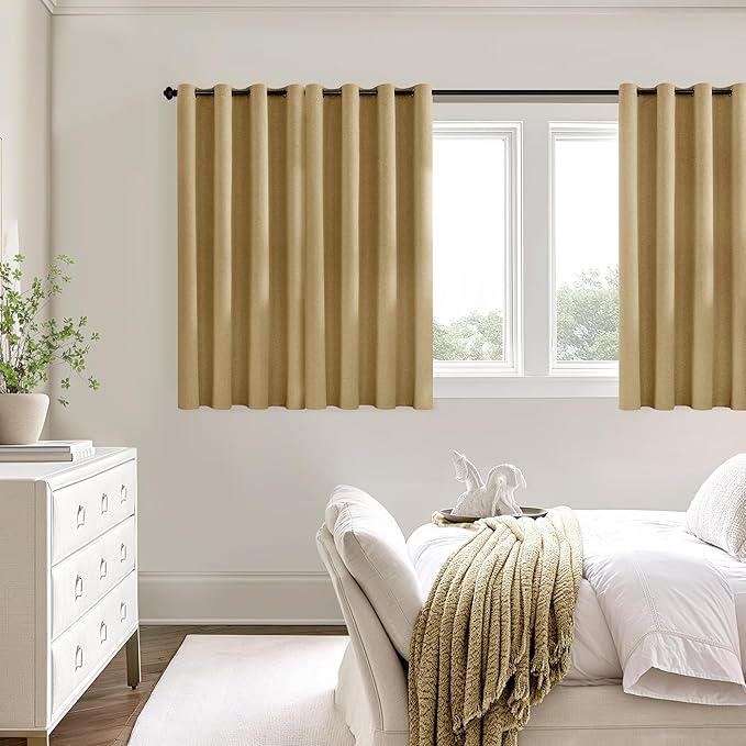 ChrisDowa 100% Blackout Mustard Yellow Solid Curtains 54 Inches Long 2 Panels for Bedroom Living Room,Farmhouse Room Darkening Thermal Insulated Soundproof Grommet Top Window Treatment Drapes,52x54