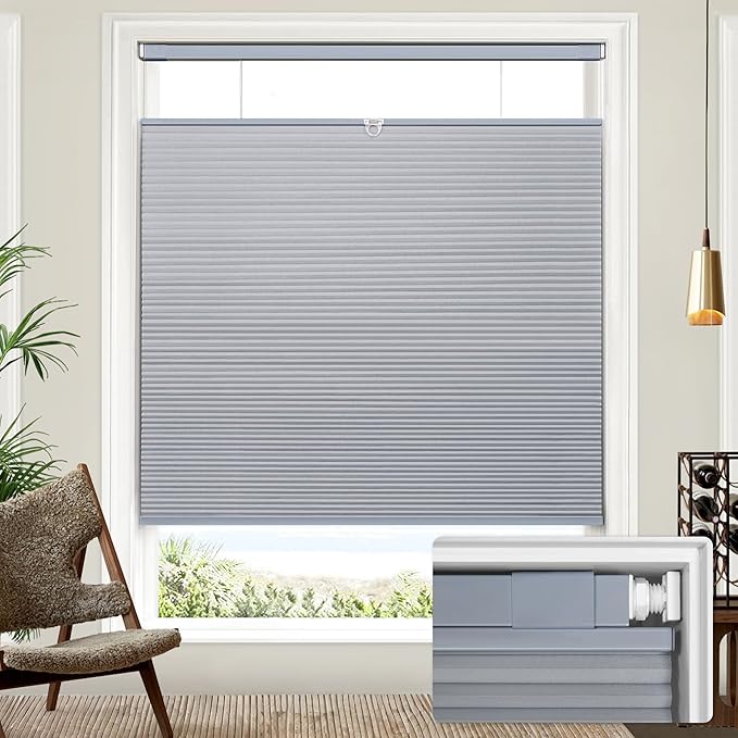Lazblinds Upgraded Top Down Bottom Up (TDBU) Honeycomb Blinds, No Drill No Tools Easy Install Cordless Cellular Shades for Windows 29" W x 64" H, Dark Grey - Blackout