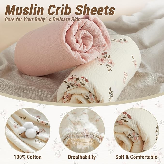 Heavyweight Muslin Baby Crib Sheets - 2PCS 52"x28" Neutral Fitted Crib Sheets for Boys Girls, Breathable Soft 100% Organic Cotton Standard Baby Mattress Sheet (Floral, Pink)