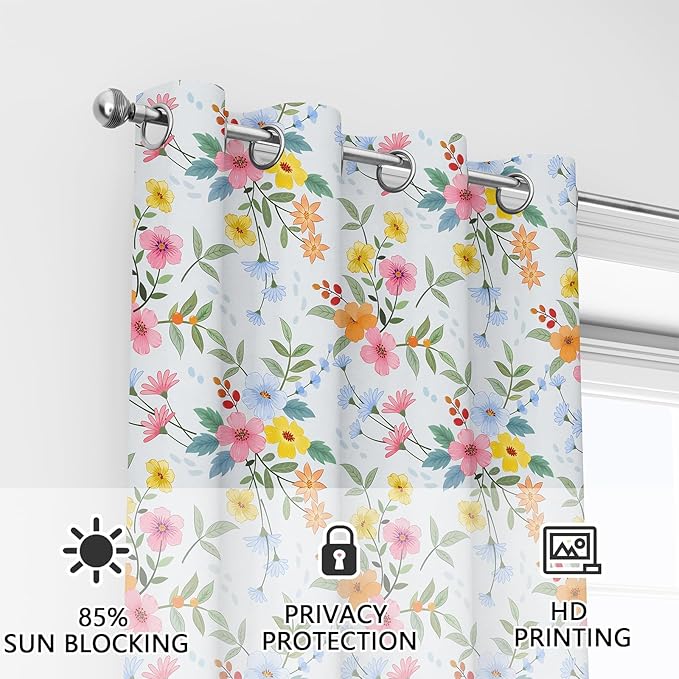 Flower Window Drapes, Pink Yellow Floral Modern Chic Blackout Room Darkening Grommets Curtains, Window Curtains for Living Room Bedroom Drom Decor 52x84 Inch