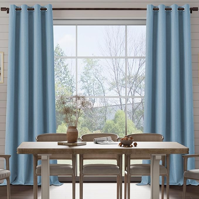 100% Blackout Linen Textured Curtains for Living Room, Bedroom, Light Weight Curtains with Grommets Top, Full Blackout Curtains Privacy Protection, Light Blue, 52" W x 84" L, 2 Panels