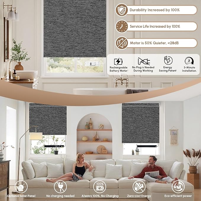 Kincmo No Drill Motorized Blinds with Remote, 100% Blackout Roller Shades for Windows, Custom Electric Blinds Compatible with Alexa, Apple Homekit, Google Home (100% Blackout Eclipse Anchor Grey)